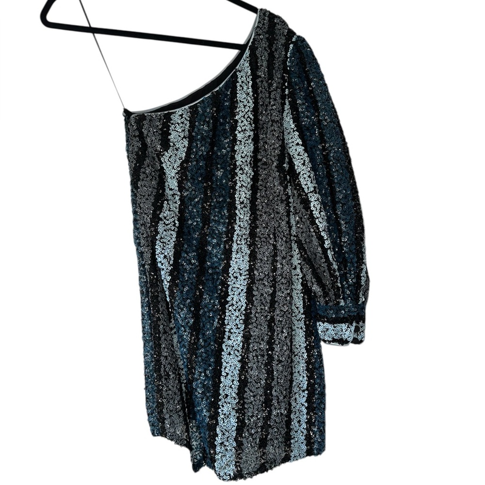 ALLEN SCHWARTZ SIZE‎ XS MINI ONE SHOULDER BLUE STRIPED SEQUIN DRESS COCKTAIL